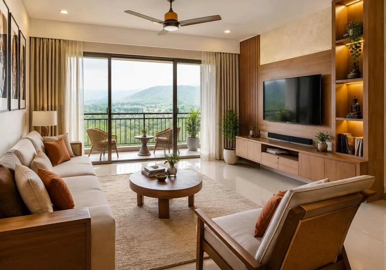 Living room overlooking green hills